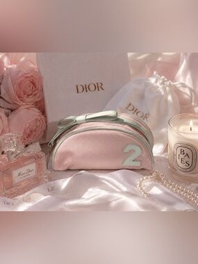 Christian Dior Pink/White Nylon #2 Trousse with Patent Bow Detail
